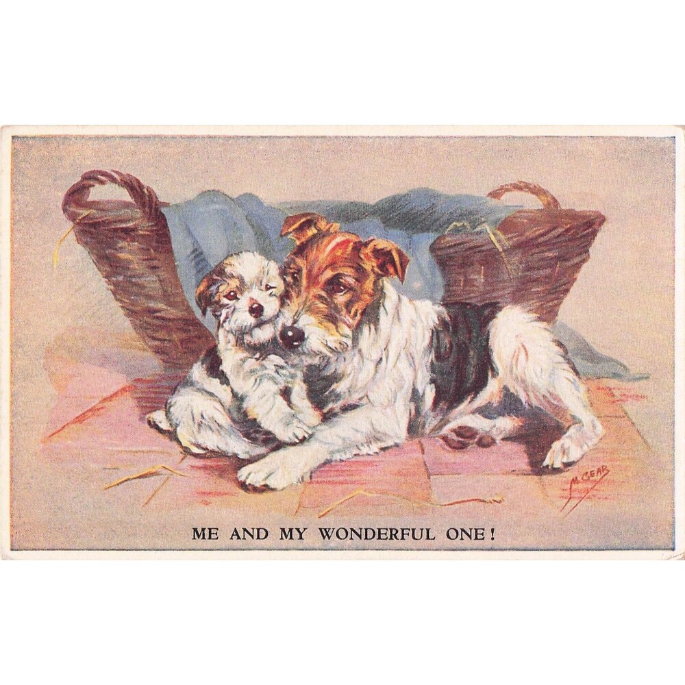 Valentine Dogs Postcard Terrier Puppies Me And My Wonderful One tailwager unused